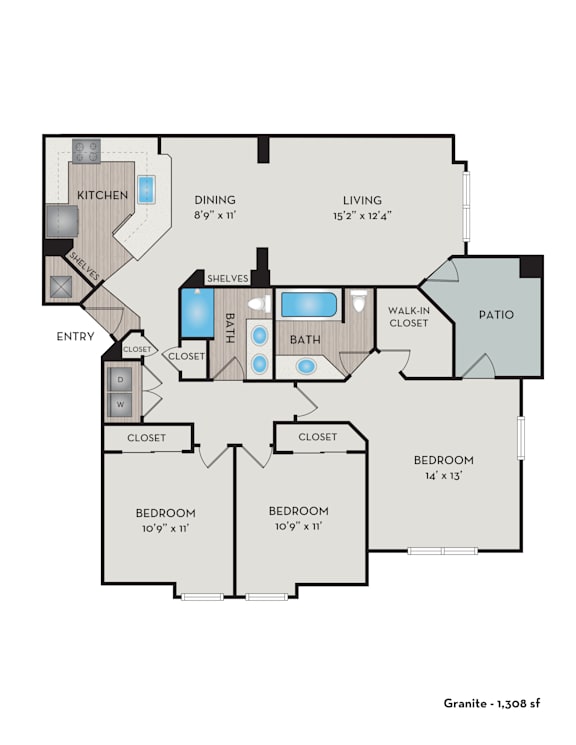A floor plan of a house with a living room, two bedrooms, a bathroom, a kitchen, a dining room, a pantry, and a walk-in closet.