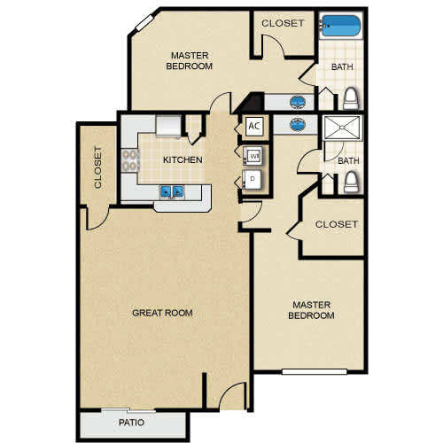 A floor plan of a house with two master bedrooms, a kitchen, a great room, and a patio.