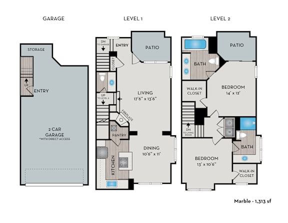 A floor plan of a two-story home with a garage and detailed layouts of both levels.