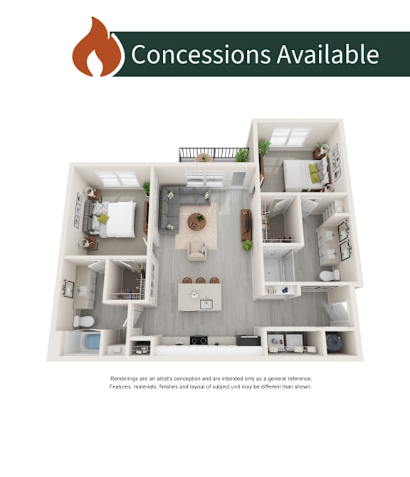 A floor plan of a condo with a kitchen, living room, and two bedrooms.
