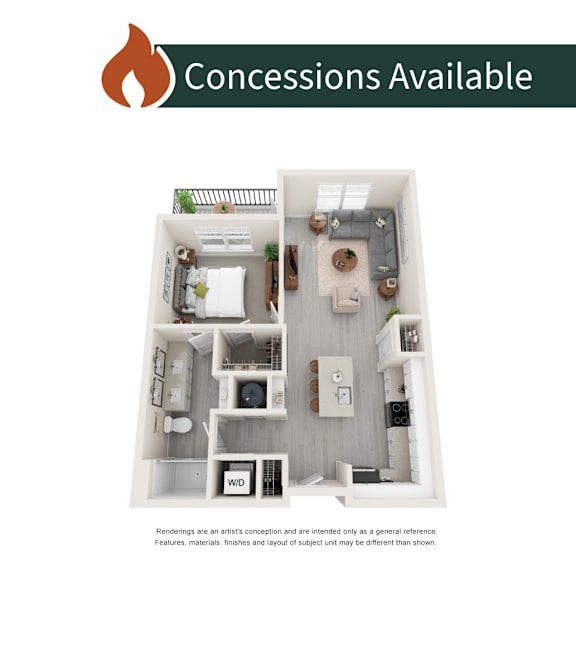 A floor plan of a condo unit with a kitchen, living room, and two bedrooms.