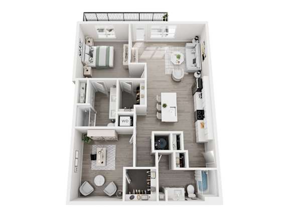 Floor plan layout of 1221 sf one-bedroom apartment with den space and a balcony.