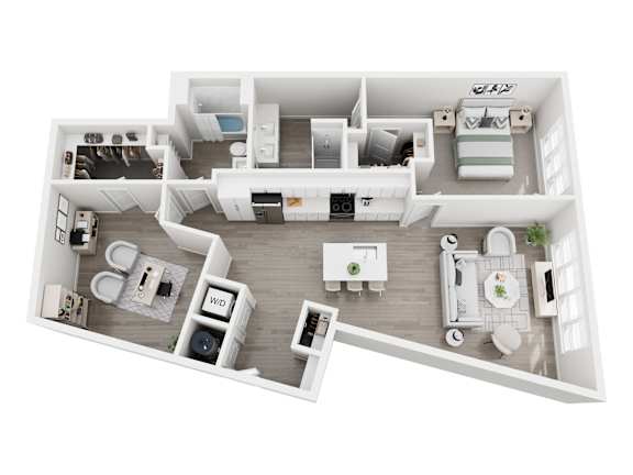 Floor plan layout of 1308 sf one-bedroom apartment with den space.