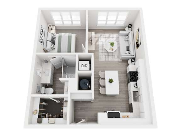 Floor plan layout of 628 sf one-bedroom apartment.