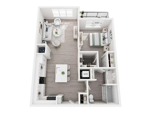 Floor plan layout of 749 sf one-bedroom apartment with a balcony.