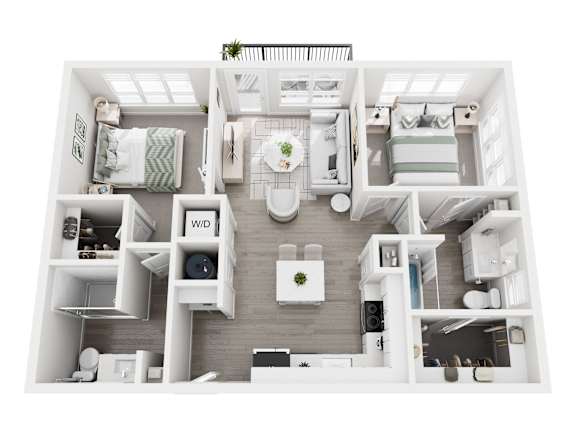 Floor plan layout of 978 two-bedroom apartment with two bathrooms and a balcony.
