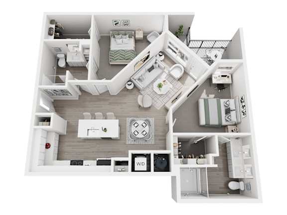 Floor plan layout of 1175 sf two-bedroom apartment with two bathrooms featuring dual shower and a balcony.