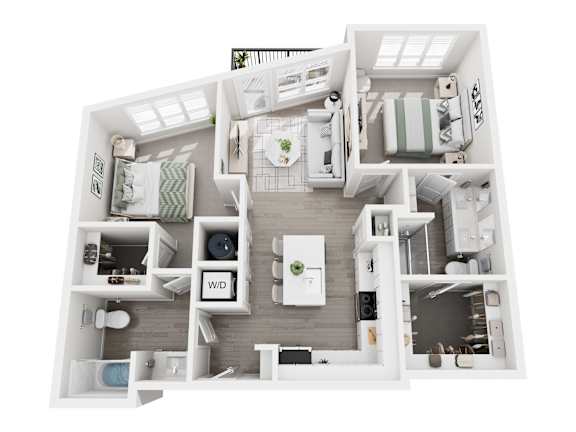 Floor plan layout of 1082 sf two-bedroom apartment with two bathrooms and a balcony.