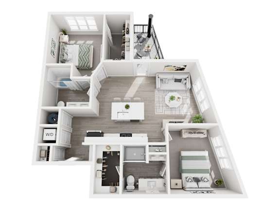 Floor plan layout of 1118 sf two-bedroom apartment with two bathrooms and a balcony.
