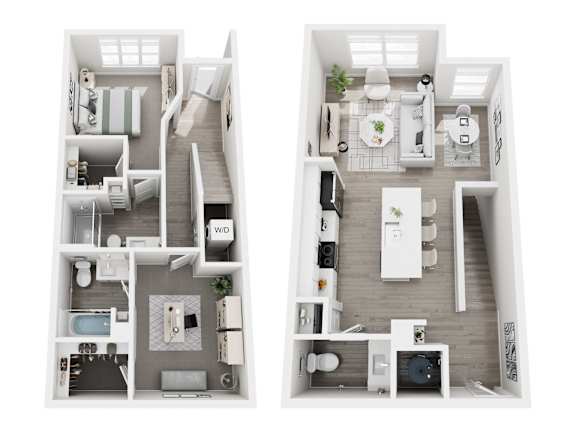 Floor plan layout of 1236 sf one-bedroom townhome apartment featuring two and one-half bathrooms, a den space, and patio.