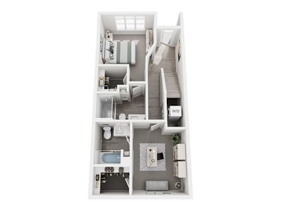 Floor plan layout of 1236 sf one-bedroom townhome apartment featuring two and one-half bathrooms, a den space, and patio. Lower level.