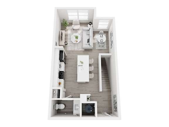 Floor plan layout of 1236 sf one-bedroom townhome apartment featuring two and one-half bathrooms, a den space, and patio. Upper Level.