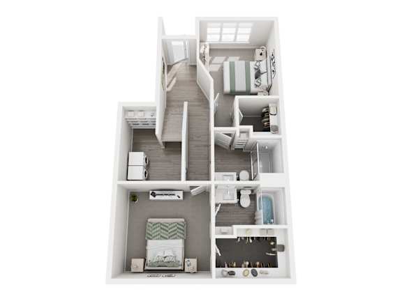 Floor plan layout of 1366 sf one-bedroom townhome apartment featuring two and one-half bathrooms, a den space, and patio. Lower level.