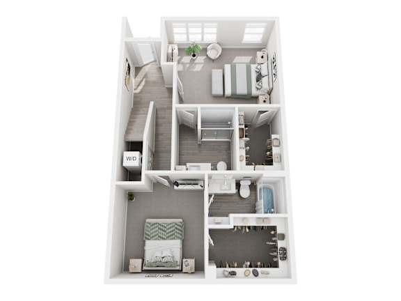 Floor plan layout of 1455 sf one-bedroom townhome apartment featuring two and one-half bathrooms, a den space, and patio. Lower level.