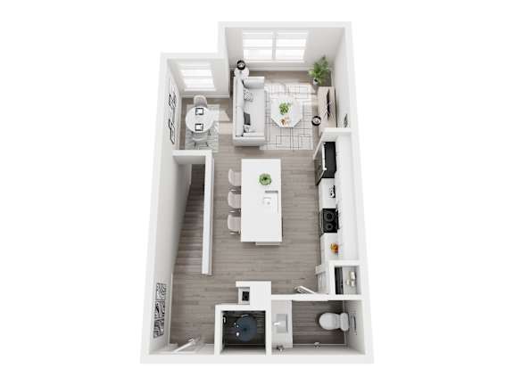 Floor plan layout of 1455 sf one-bedroom townhome apartment featuring two and one-half bathrooms, a den space, and patio. Upper level.
