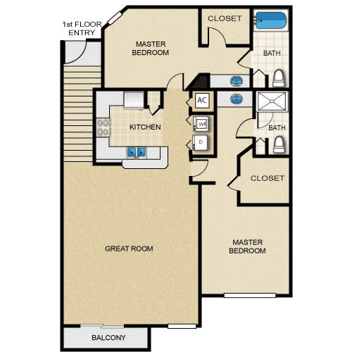 A floor plan of a house with a master bedroom, a kitchen, a great room, and a balcony.