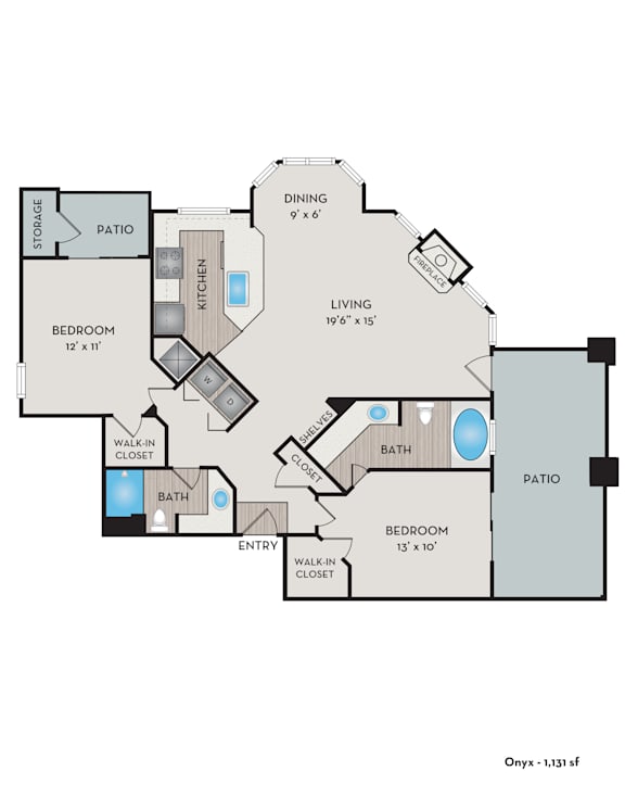 A floor plan of an apartment with a living area, two bedrooms, a patio, and a walk-in closet.