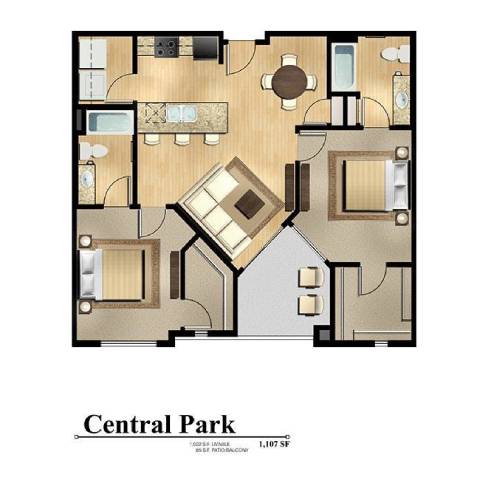 A floor plan of a Central Park apartment with a living room, kitchen, and dining area.