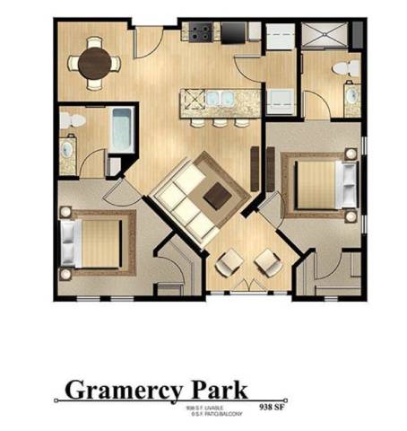 A floor plan of a house with a living room, two bedrooms, a bathroom, and a kitchen.