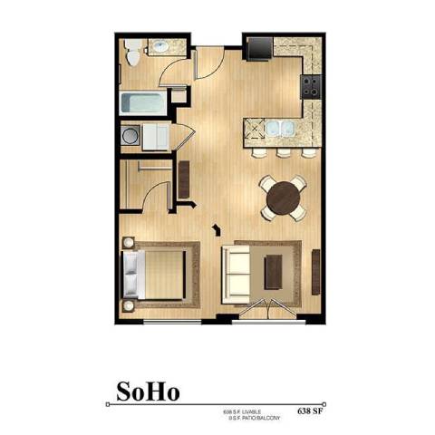 A floor plan of a 638 square foot SoHo apartment.