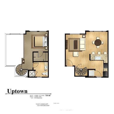 A floor plan of a Uptown apartment with two bedrooms, two bathrooms, and a living area.
