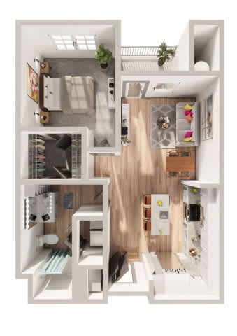 A 3D floor plan of a small apartment with a kitchen, living room, and bathroom.