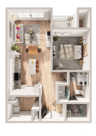 A top-down view of a small apartment with a kitchen, living room, and bathroom.