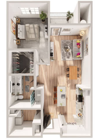 A top-down view of a small apartment with a kitchen, living room, and bedroom.