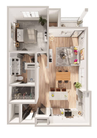A top-down view of a modern apartment layout with a kitchen, living room, and bedroom.