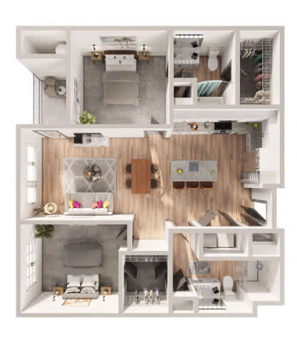 A modern, white-themed interior design layout featuring a kitchen, living room, and dining area.
