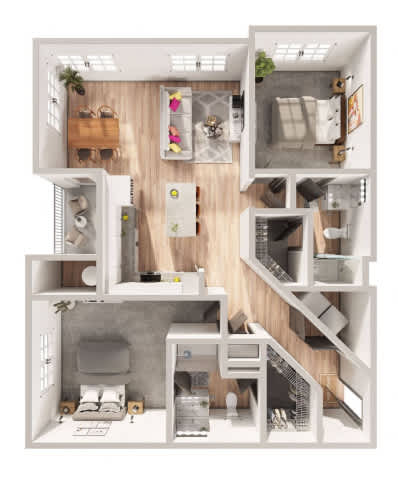 A 3D floor plan of a small apartment with a kitchen, living room, and bathroom.