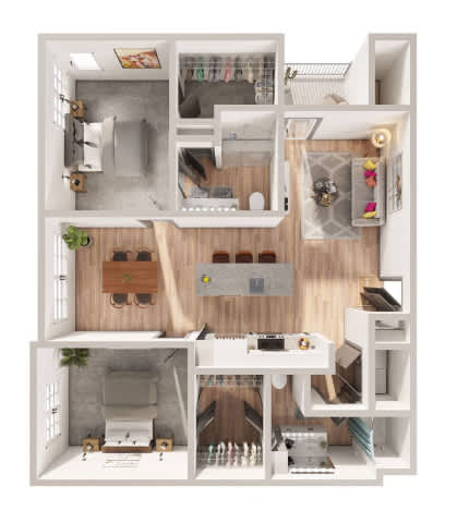 A 3D floor plan of a house showing the layout of the rooms.