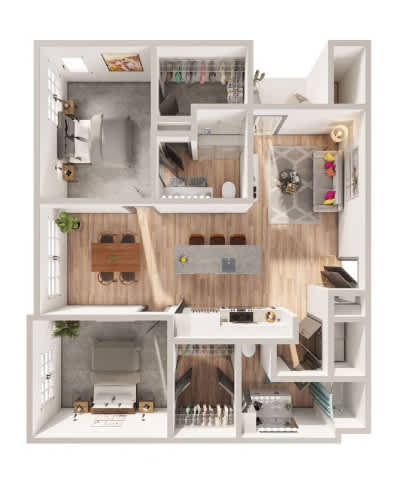 A 3D floor plan of a house showing the layout of the rooms.