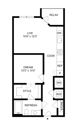 A black and white image of a floor plan for a house with labeled rooms such as RELAX, COOK, and REFRESH.