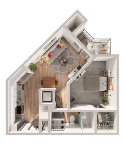 A top-down view of a house interior with a kitchen, living room, and bathroom.