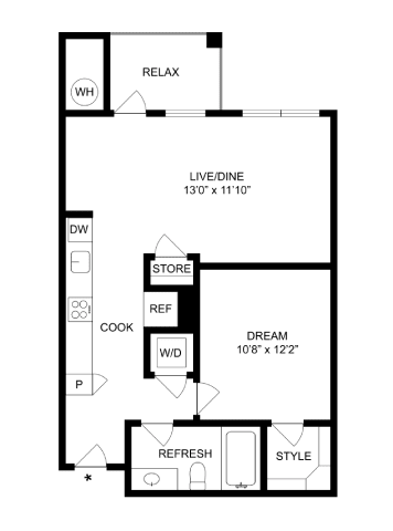 A floor plan of a house with a living room, dining room, kitchen, and bathrooms.