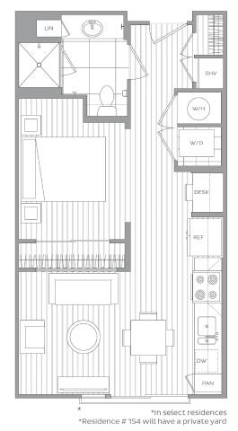 A floor plan of an apartment with a living room, kitchen, and bathroom.