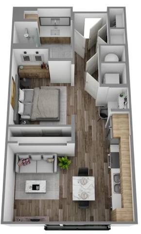A top-down view of a modern apartment layout with a living room, kitchen, and bedrooms.
