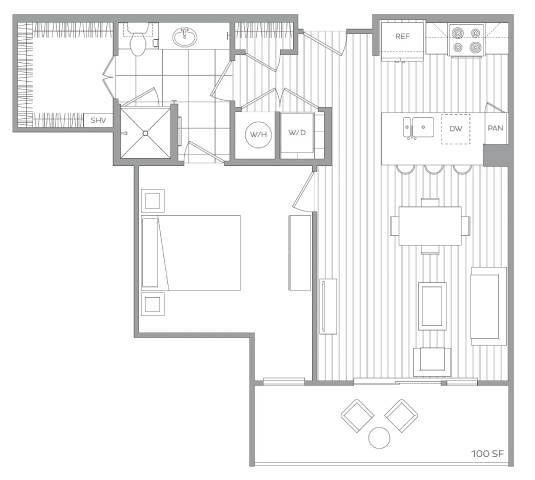 A floor plan of a house with a living room, dining room, kitchen, and bathrooms.