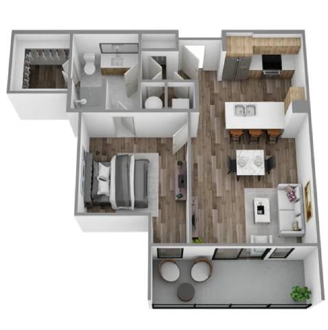 A 3D floor plan of a house with a kitchen, living room, and two bedrooms.