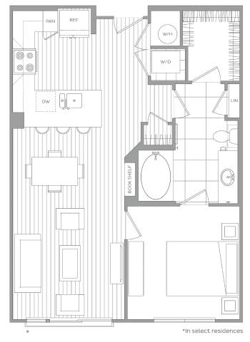 A floor plan of a building with rooms labeled, such as "DW" and "REF".