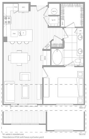 A floor plan of a residential building with a note stating that select residences will have a private yard.