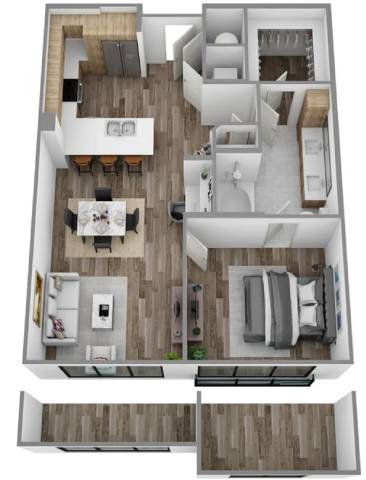 A top-down view of a house layout with a living room, kitchen, dining area, and bedrooms.