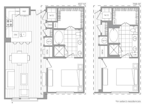 A floor plan of a building with two sections, one labeled "in select residences".
