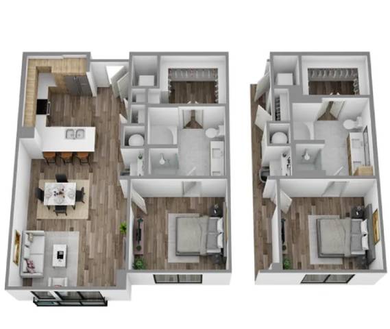 A floor plan of a two-bedroom apartment with a living room, kitchen, and bathroom.