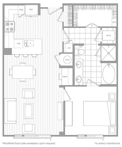 A floor plan of a building with rooms labeled, such as "DW" and "W/D".