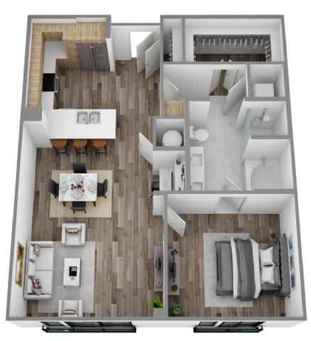 A top-down view of a house with a living room, kitchen, and bedrooms.