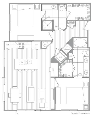 A floor plan of a building with multiple rooms and labeled areas.