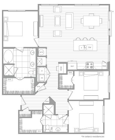 A floor plan of a house with multiple rooms and labeled areas.