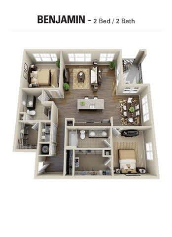 A 2 Bedroom/2 Bathroom apartment named Benjamin is displayed.